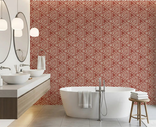 Terracotta mudcloth triangle wallpaper warming a clean bathroom