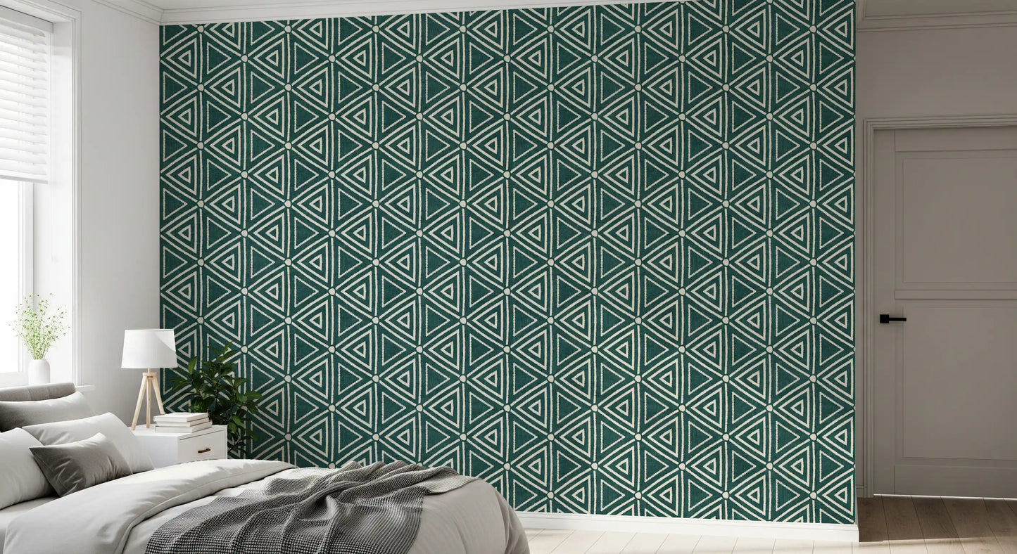 Texturerad Mudcloth Geometriska Trianglar Bohemisk Djup Teal Tapet⁠