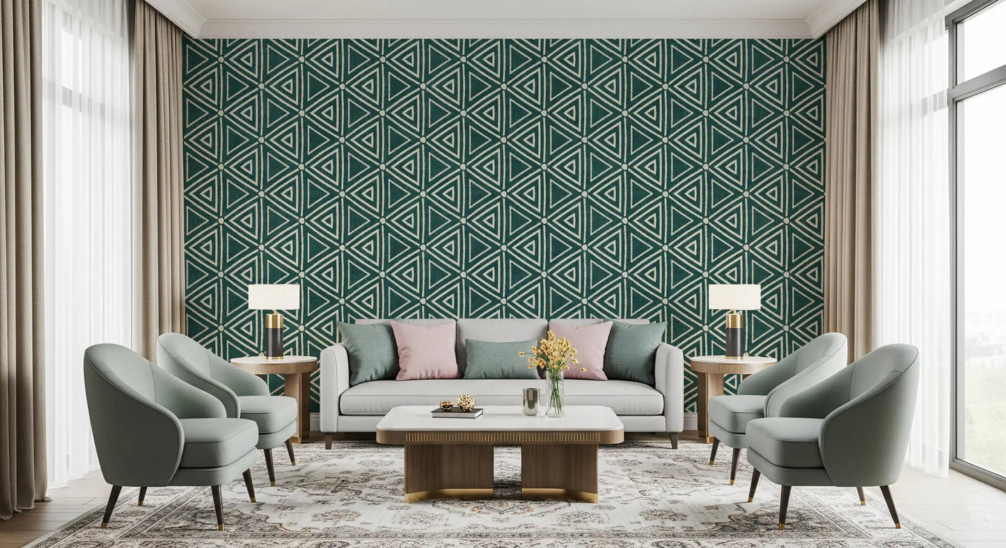 Texturerad Mudcloth Geometriska Trianglar Bohemisk Djup Teal Tapet⁠