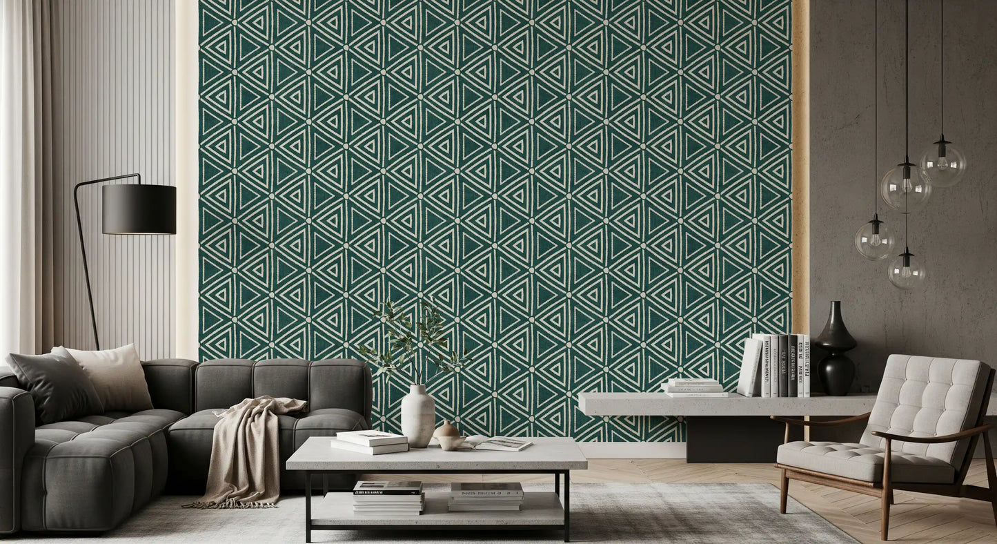 Texturerad Mudcloth Geometriska Trianglar Bohemisk Djup Teal Tapet⁠