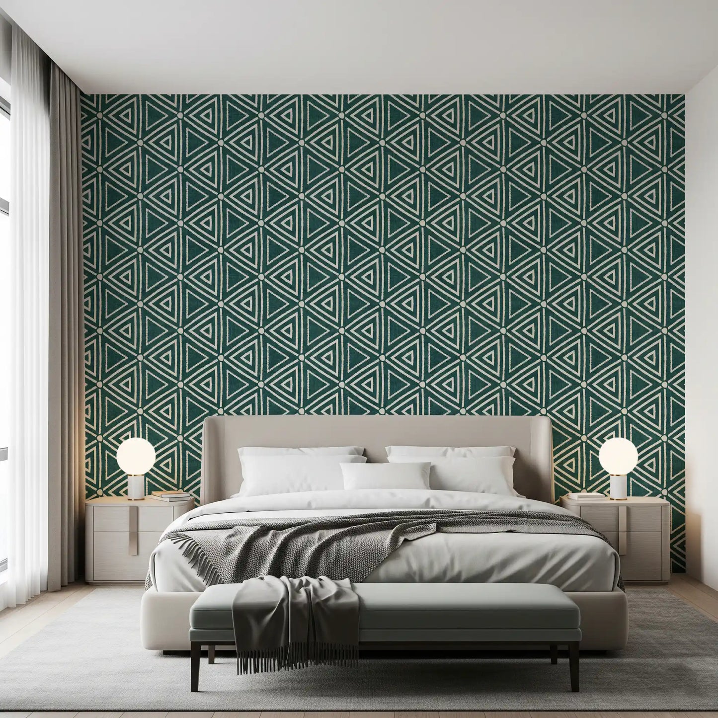 Texturerad Mudcloth Geometriska Trianglar Bohemisk Djup Teal Tapet⁠