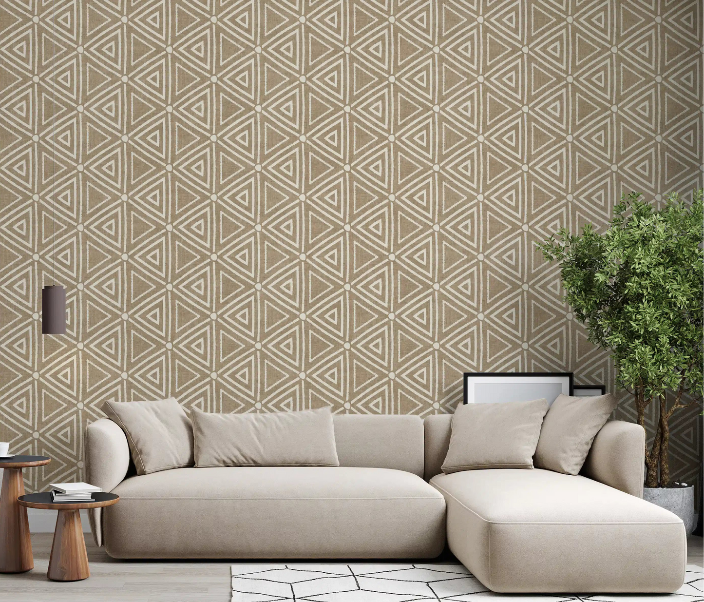 Rakennekangas Geometriset Kolmiot Boho Hiekka Beige Tapetti