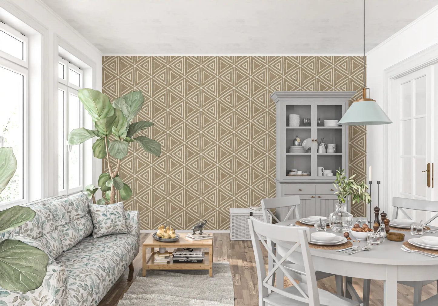 Rakennekangas Geometriset Kolmiot Boho Hiekka Beige Tapetti