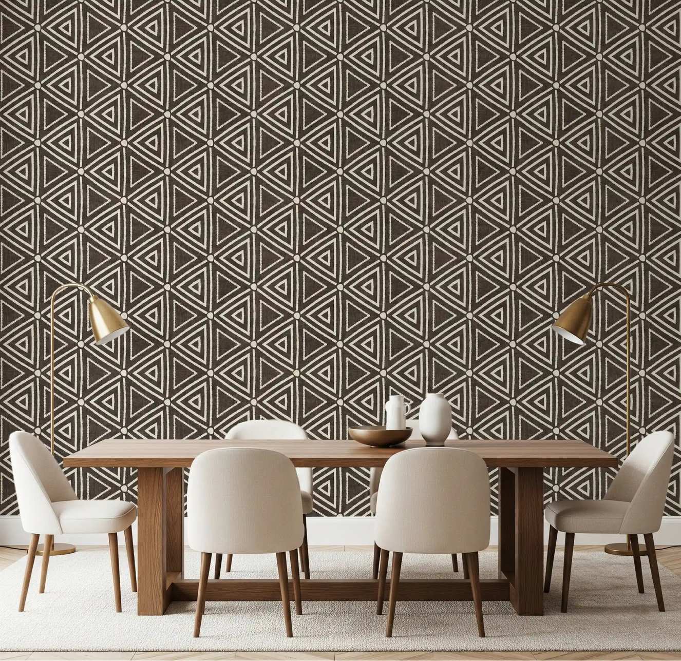 Dining room styled around ivory and umber boho mudcloth triangle wallpaper