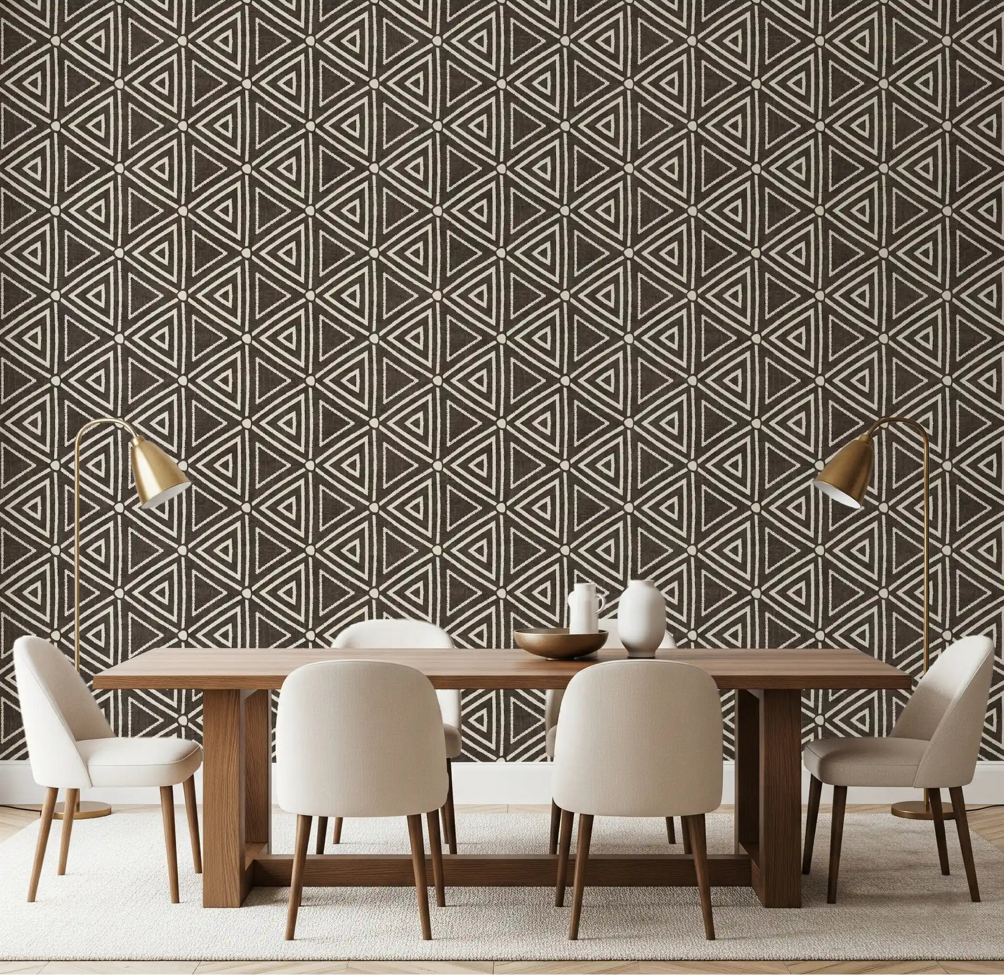 Dining room styled around ivory and umber boho mudcloth triangle wallpaper