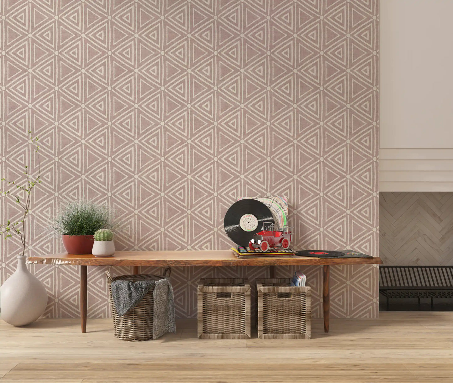 Strukturiertes Mudcloth Geometrische Dreiecke Boho Staubiges Rosa Tapete