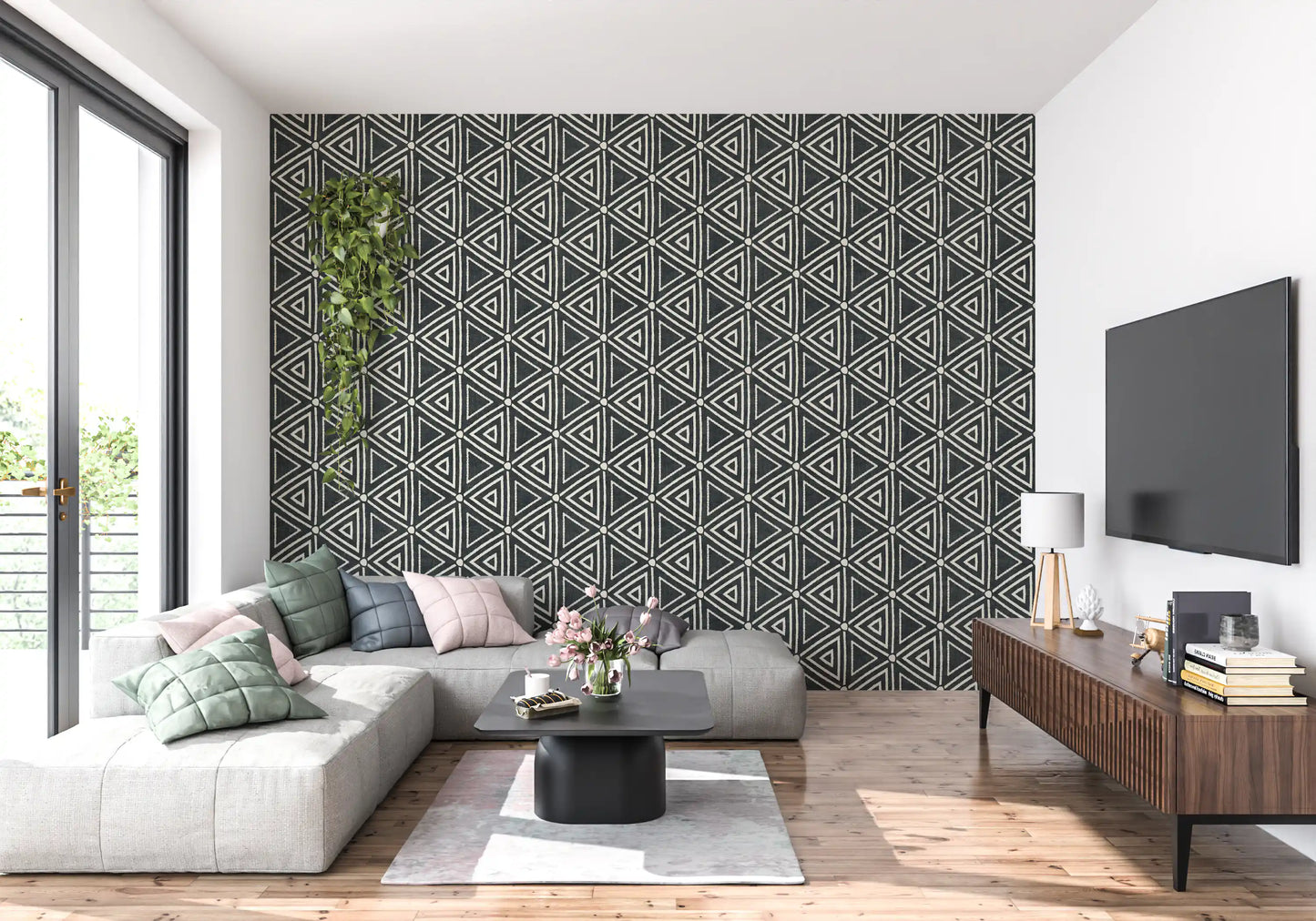 Textuur Mudcloth Geometrische Driehoeken Boho Houtskool Zwart Behang
