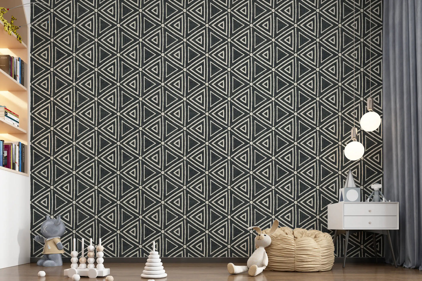 Textuur Mudcloth Geometrische Driehoeken Boho Houtskool Zwart Behang