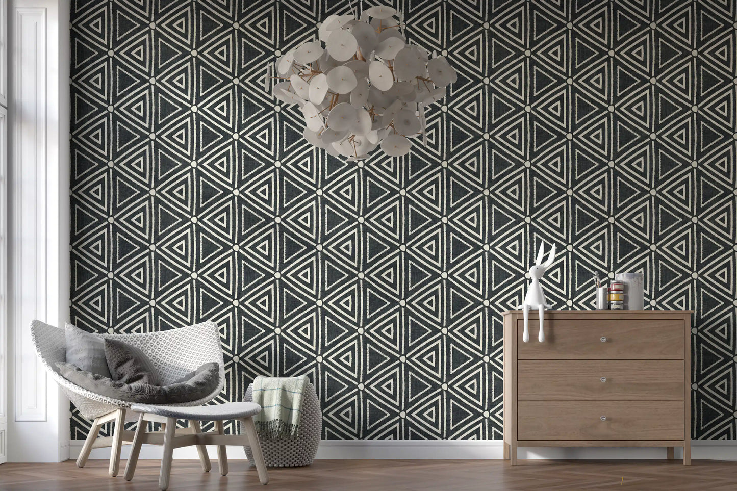 Textuur Mudcloth Geometrische Driehoeken Boho Houtskool Zwart Behang