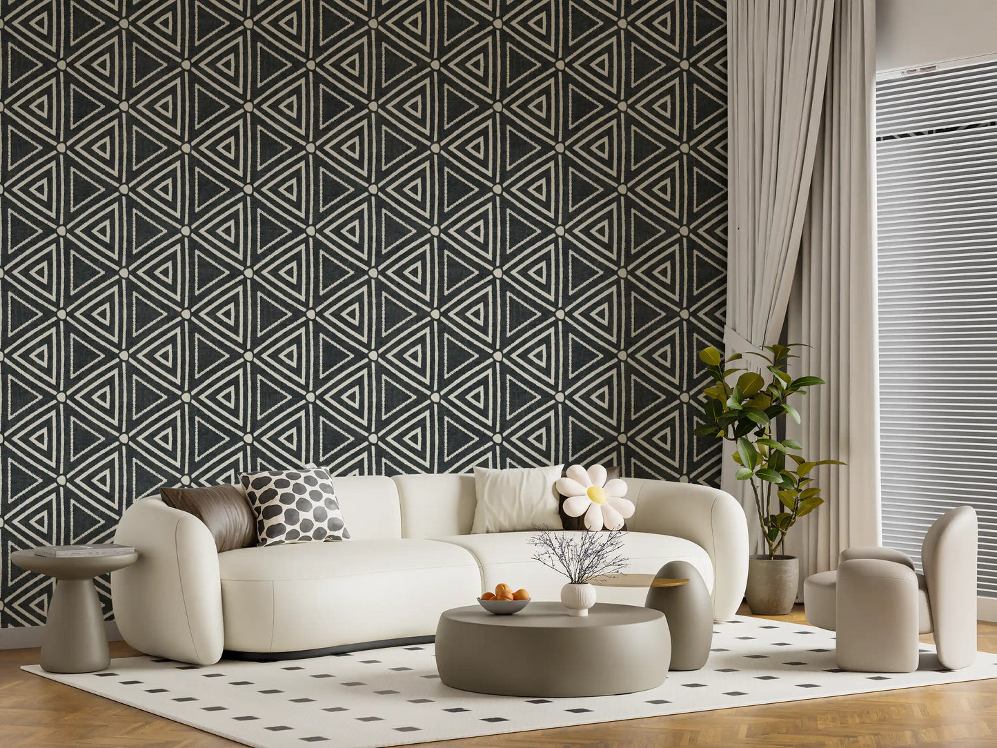 Textuur Mudcloth Geometrische Driehoeken Boho Houtskool Zwart Behang