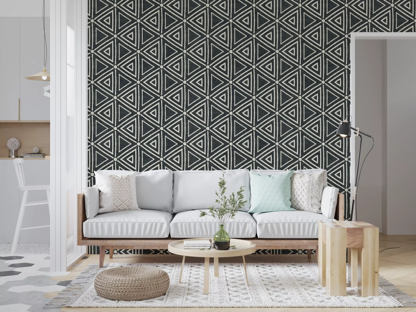 Textuur Mudcloth Geometrische Driehoeken Boho Houtskool Zwart Behang