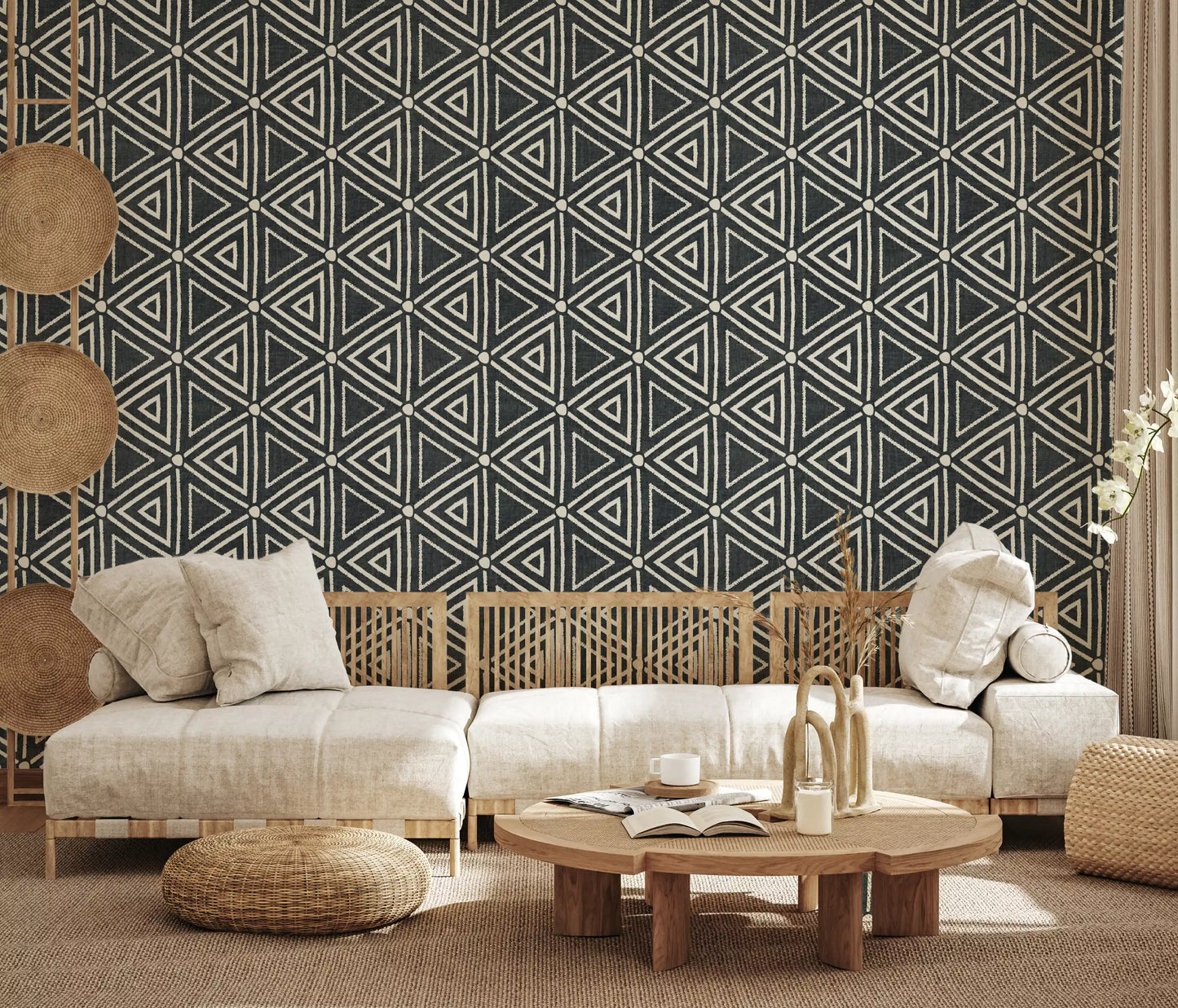Textuur Mudcloth Geometrische Driehoeken Boho Houtskool Zwart Behang