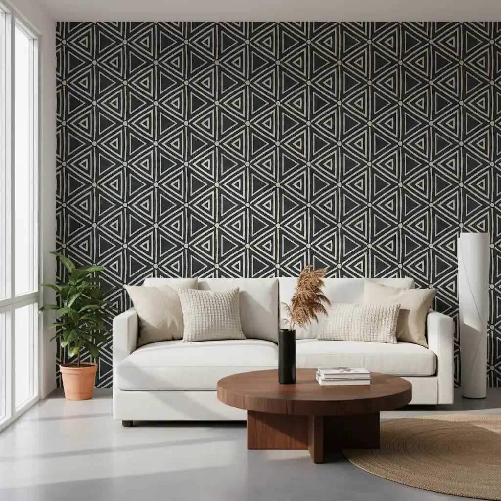 Textuur Mudcloth Geometrische Driehoeken Boho Houtskool Zwart Behang