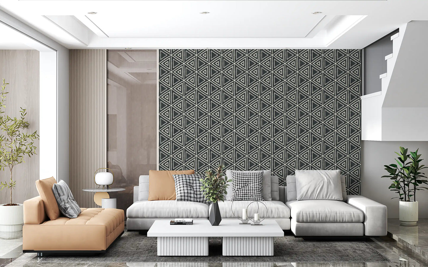 Textuur Mudcloth Geometrische Driehoeken Boho Houtskool Zwart Behang