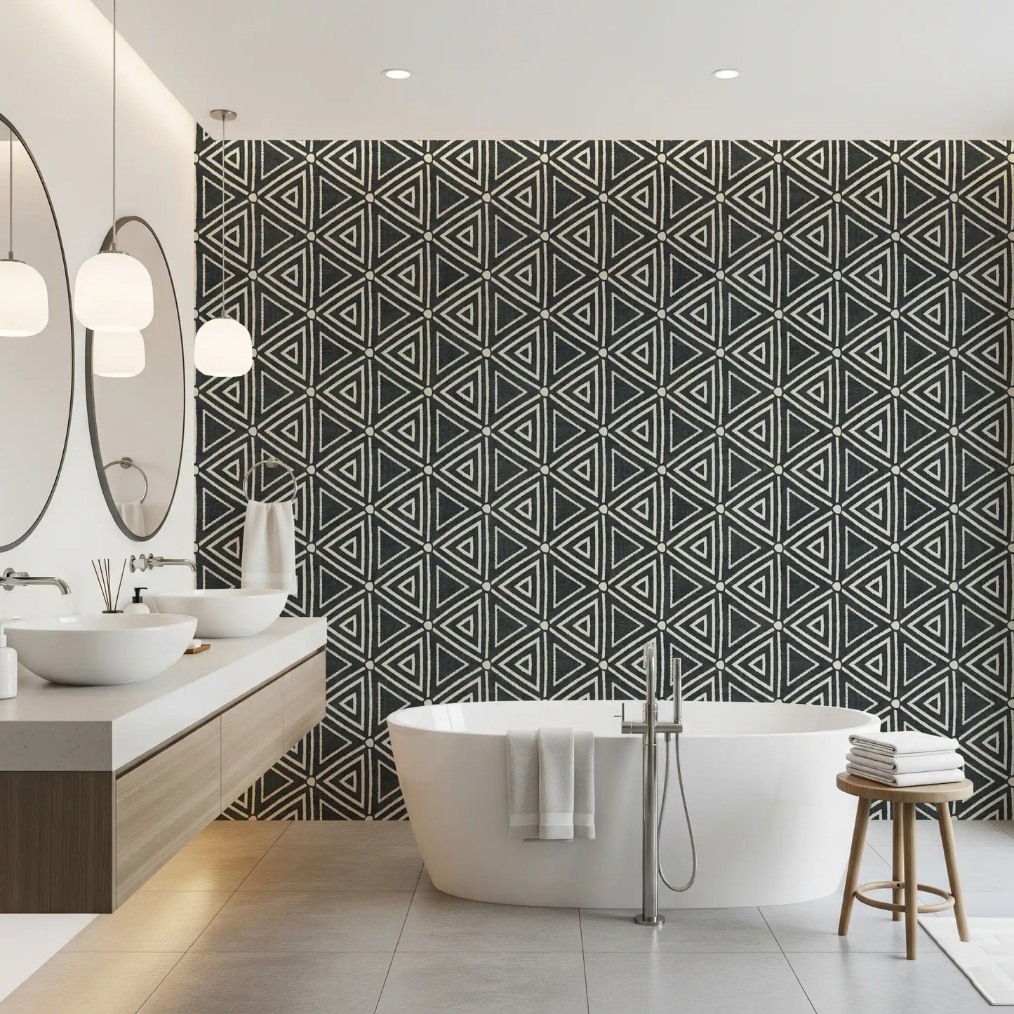 Textuur Mudcloth Geometrische Driehoeken Boho Houtskool Zwart Behang