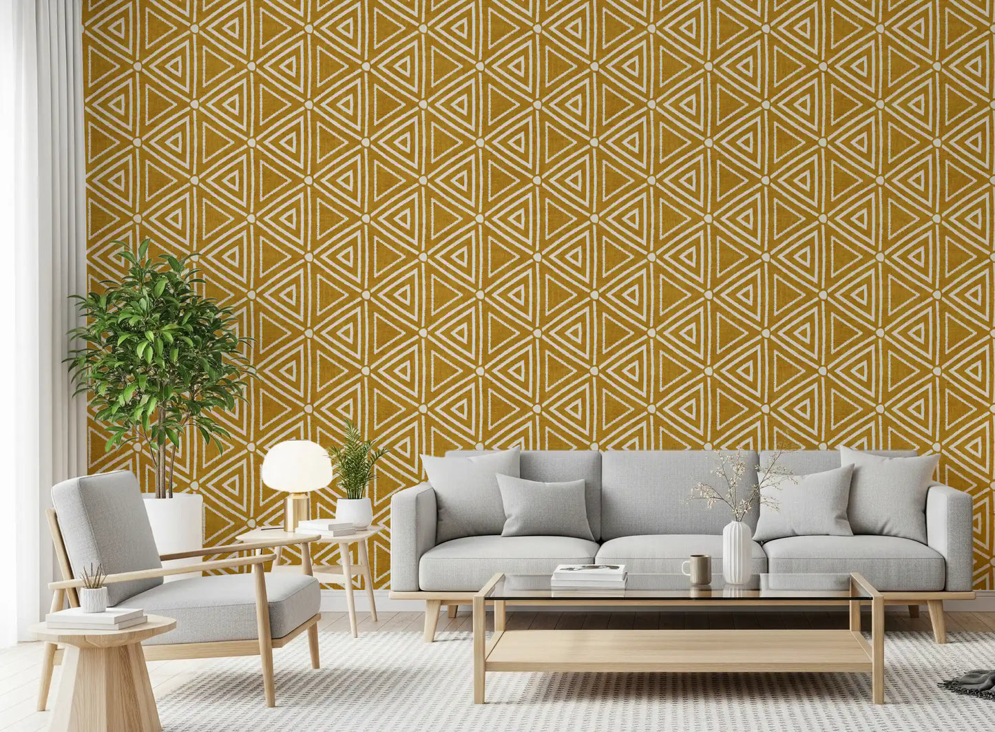 Rakennekangas Mudcloth Geometriset Kolmiot Boho Sinappi Keltainen Tapetti