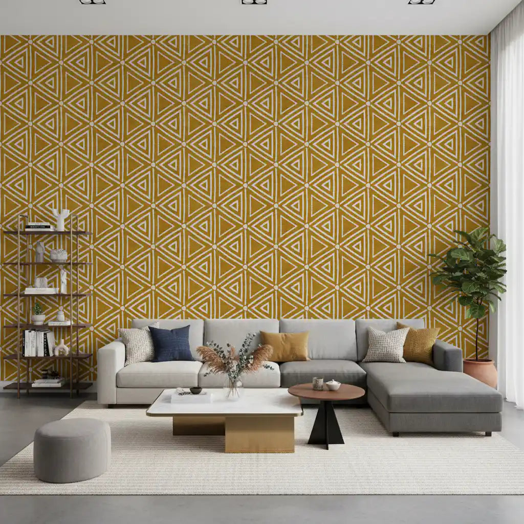 Rakennekangas Mudcloth Geometriset Kolmiot Boho Sinappi Keltainen Tapetti