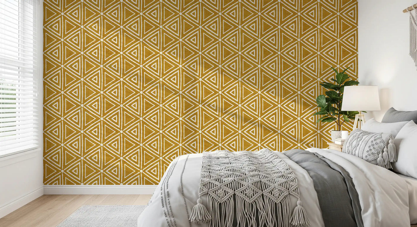 Rakennekangas Mudcloth Geometriset Kolmiot Boho Sinappi Keltainen Tapetti