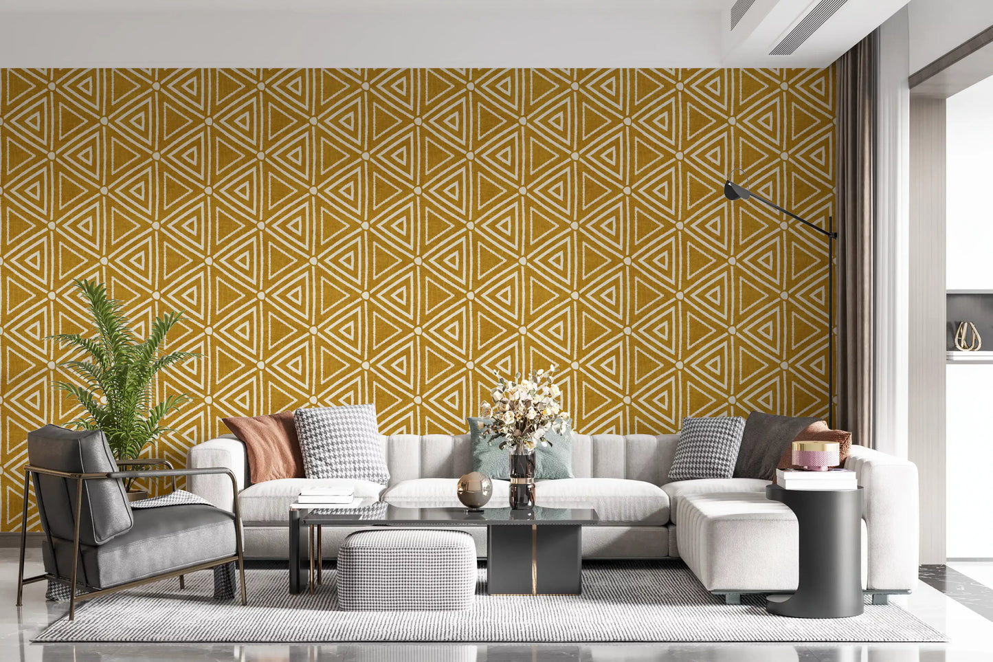 Rakennekangas Mudcloth Geometriset Kolmiot Boho Sinappi Keltainen Tapetti