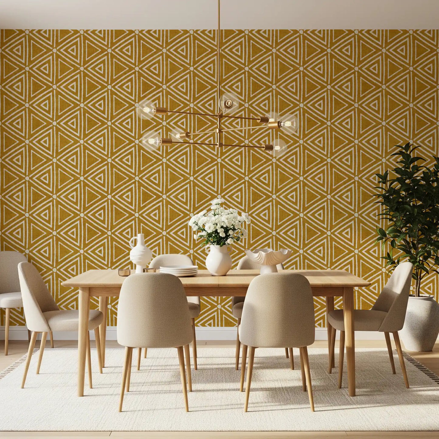 Rakennekangas Mudcloth Geometriset Kolmiot Boho Sinappi Keltainen Tapetti