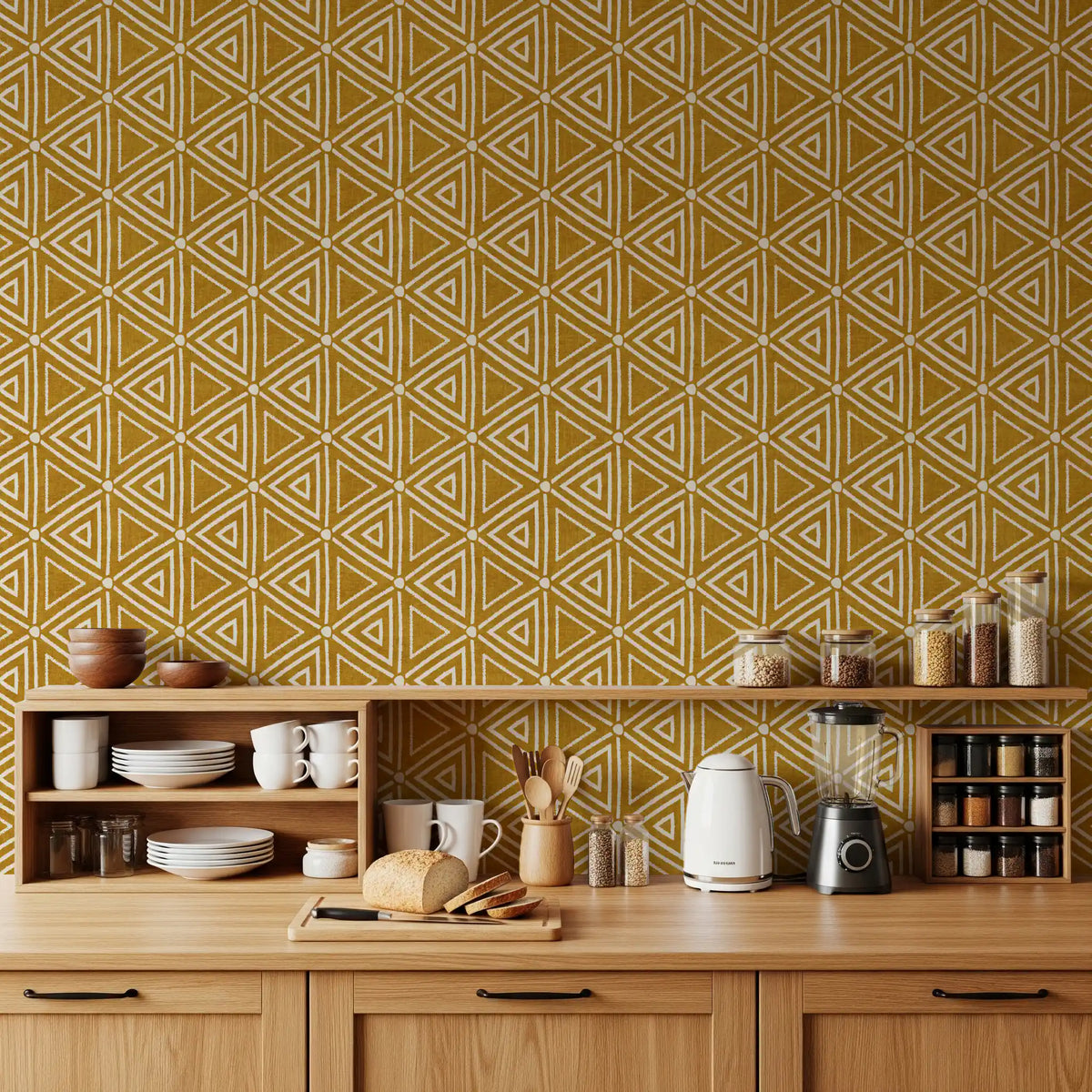 Mustard mudcloth wallpaper warms a relaxed Kitchen  with nested triangles