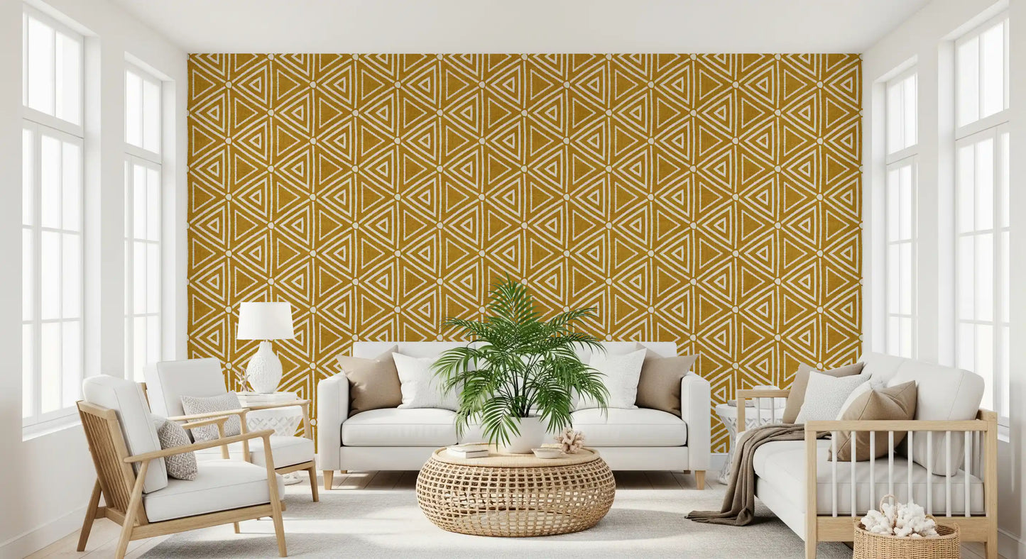 Rakennekangas Mudcloth Geometriset Kolmiot Boho Sinappi Keltainen Tapetti