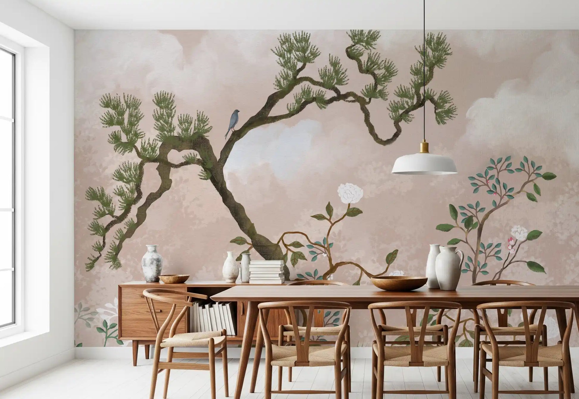 Twisting limbs fork from one trunk; serene garden bird wall mural seen up the centre