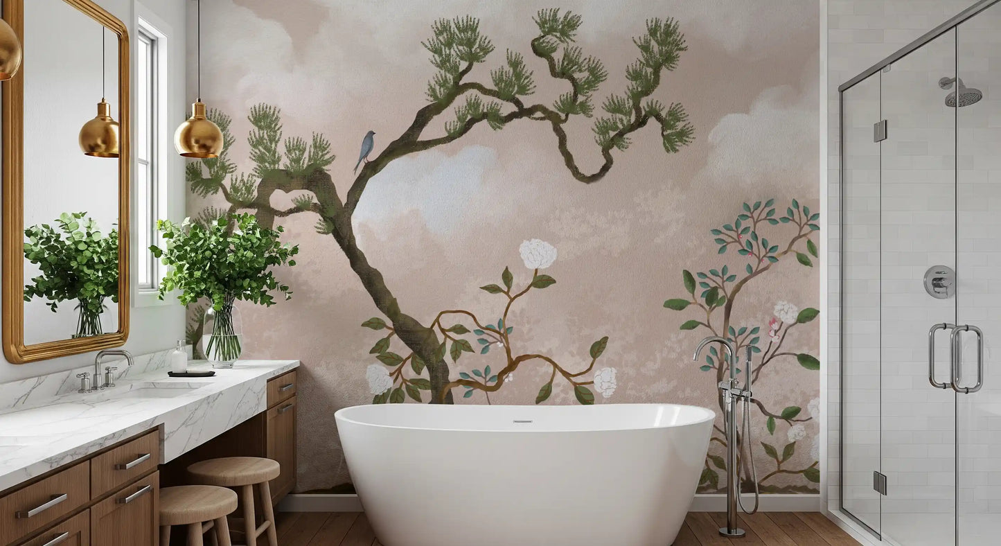 Hazy rose sky behind a small bathroom , the blue bird garden wall mural in view
