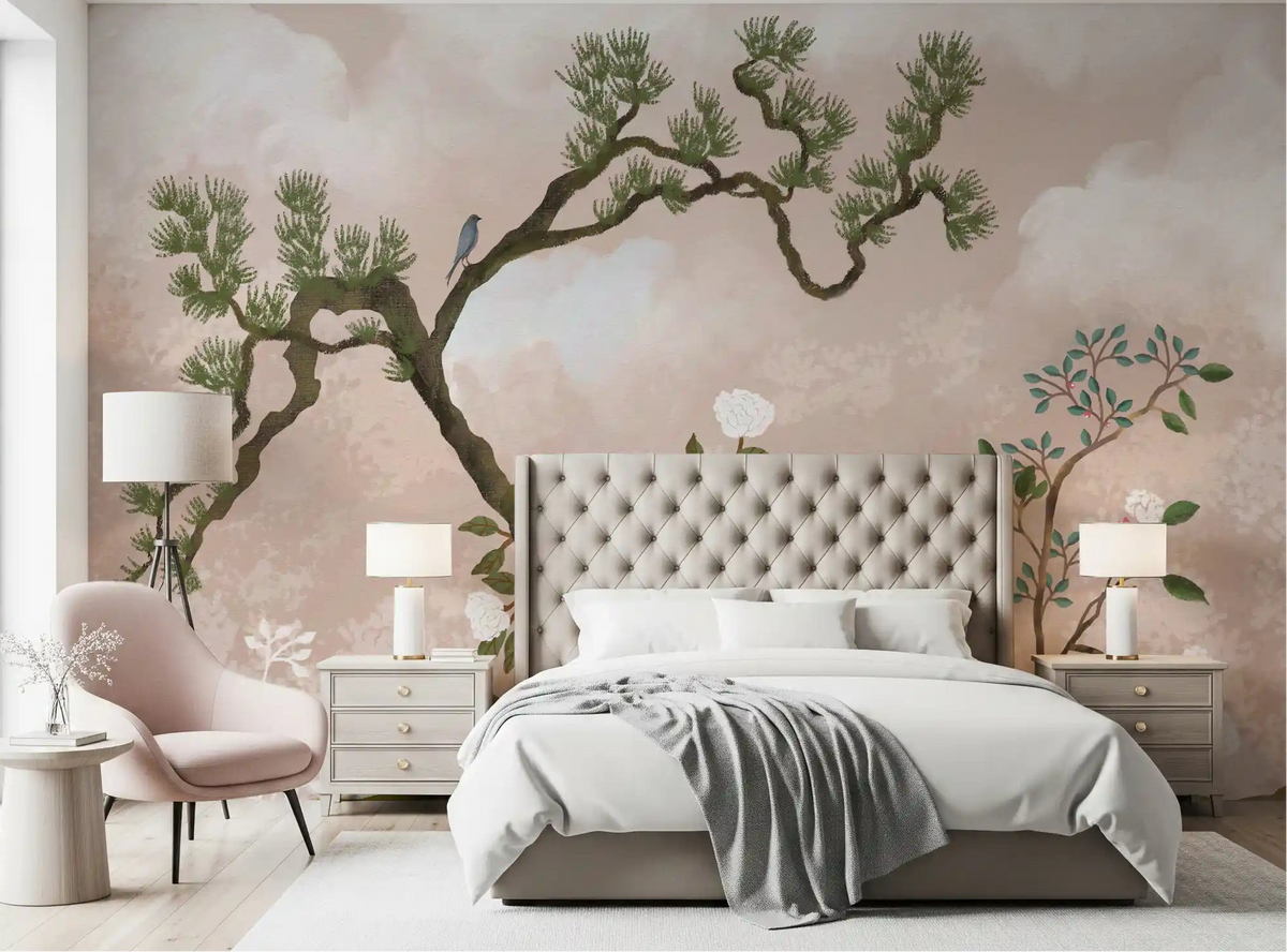 Bedroom styled in blush tones with the Serene Chinoiserie Garden bird wall mural