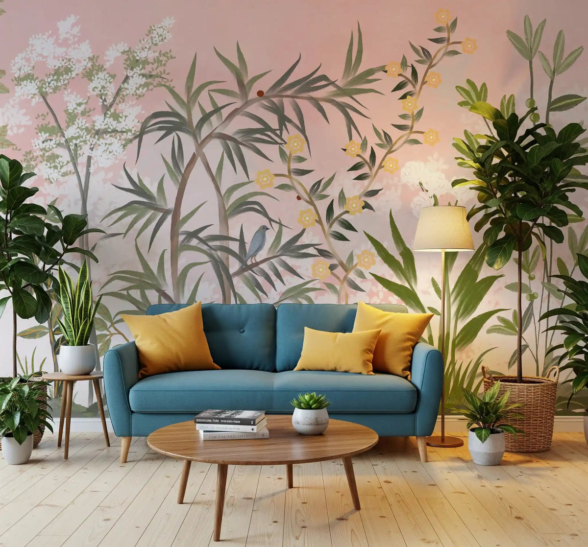 Living room set around a pink chinoiserie blossom and bird wall mural