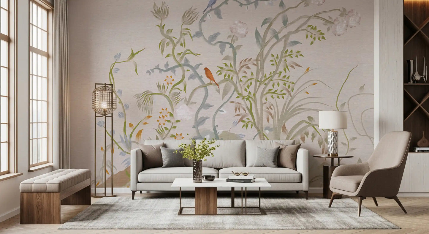 Whispering Vines & Chinoiserie Sangfugle Vægmaleri