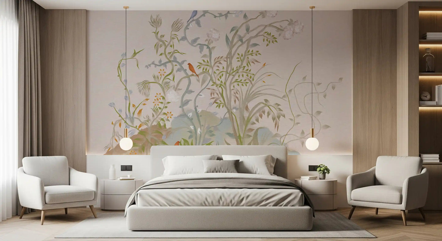 Whispering Vines & Chinoiserie Sangfugle Vægmaleri