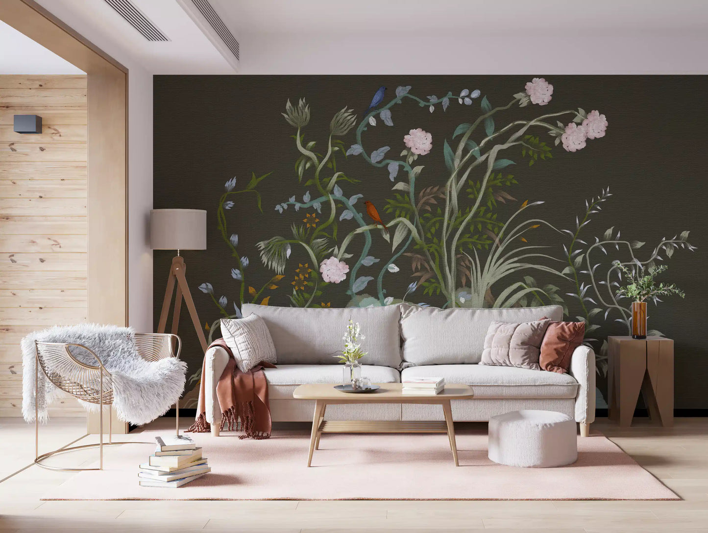 Tucked into a Living room, this chinoiserie wall mural adds leafy stems and songbirds