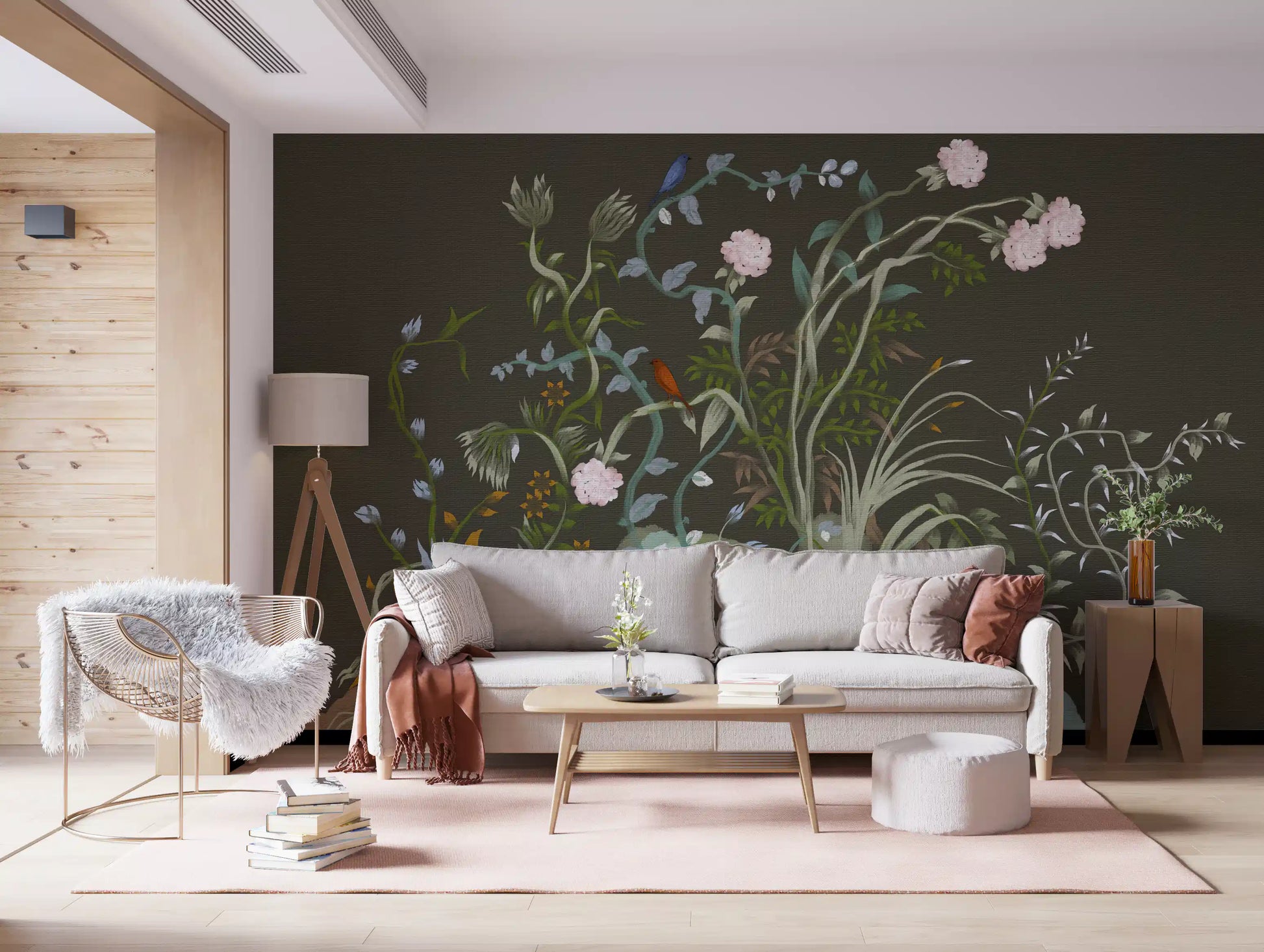 Tucked into a Living room, this chinoiserie wall mural adds leafy stems and songbirds