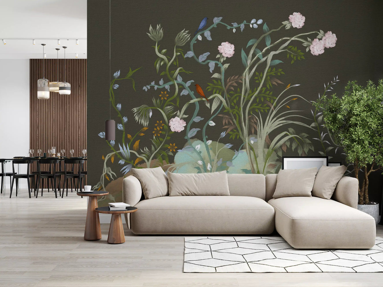 Verdant Vines & Garden Birds Chinoiserie Botanical Landscape Moody Wall Mural