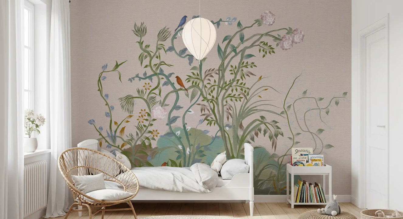 Chinoiserie Japanese Crane Forest Design with Pine Trees, White Floral Blossoms, Soft Cloud Sky, Elegant Oriental Nature  Wall Mural