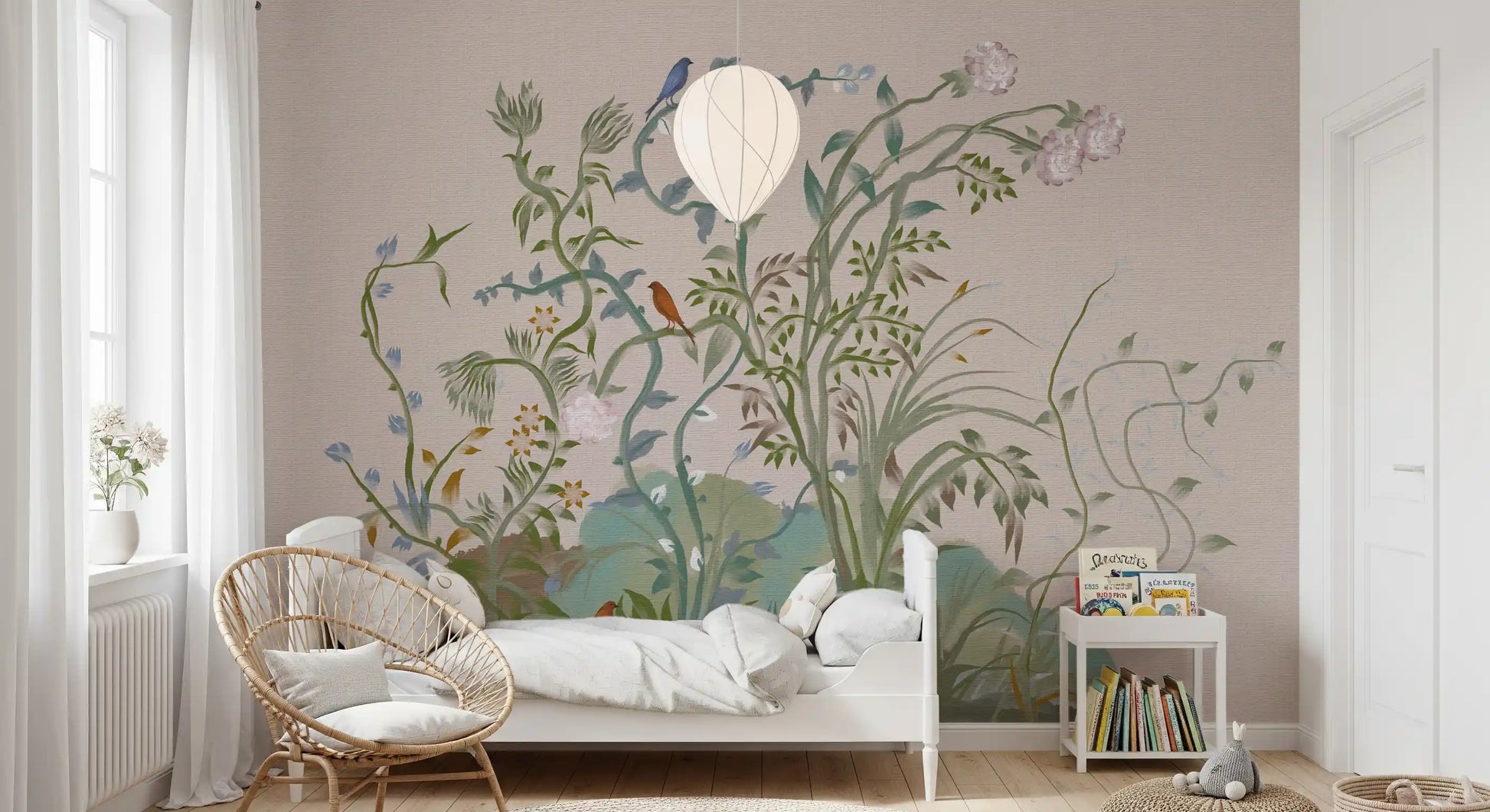 Climbing florals and small birds rise over a bright Kids bedroom, chinoiserie wall mural