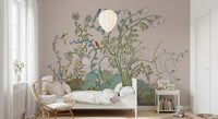 Climbing florals and small birds rise over a bright Kids bedroom, chinoiserie wall mural