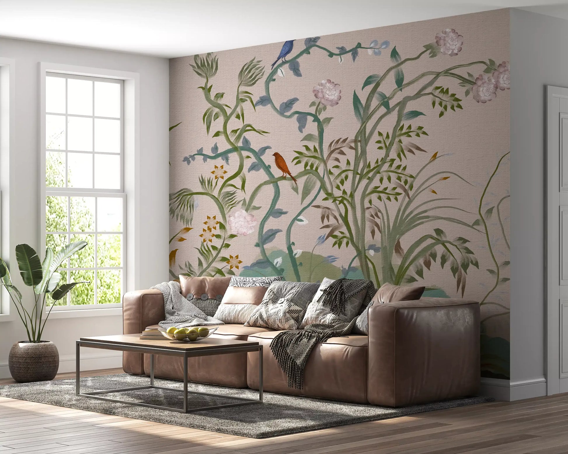 Entryway kept airy, chinoiserie nature wall mural climbing past a muted blush ground