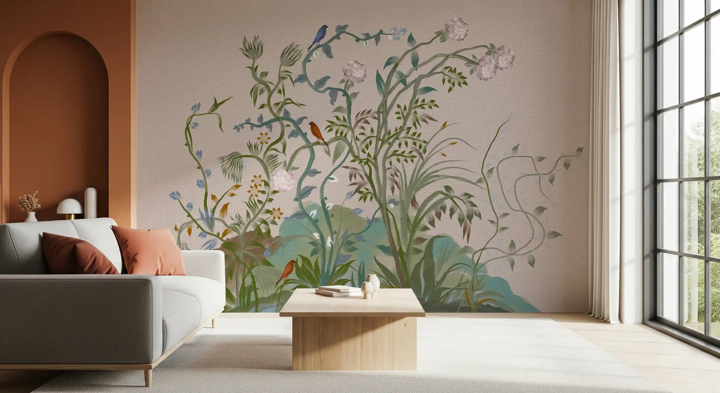 Yellow star florets and bluebell stems run low in the oriental garden wall mural