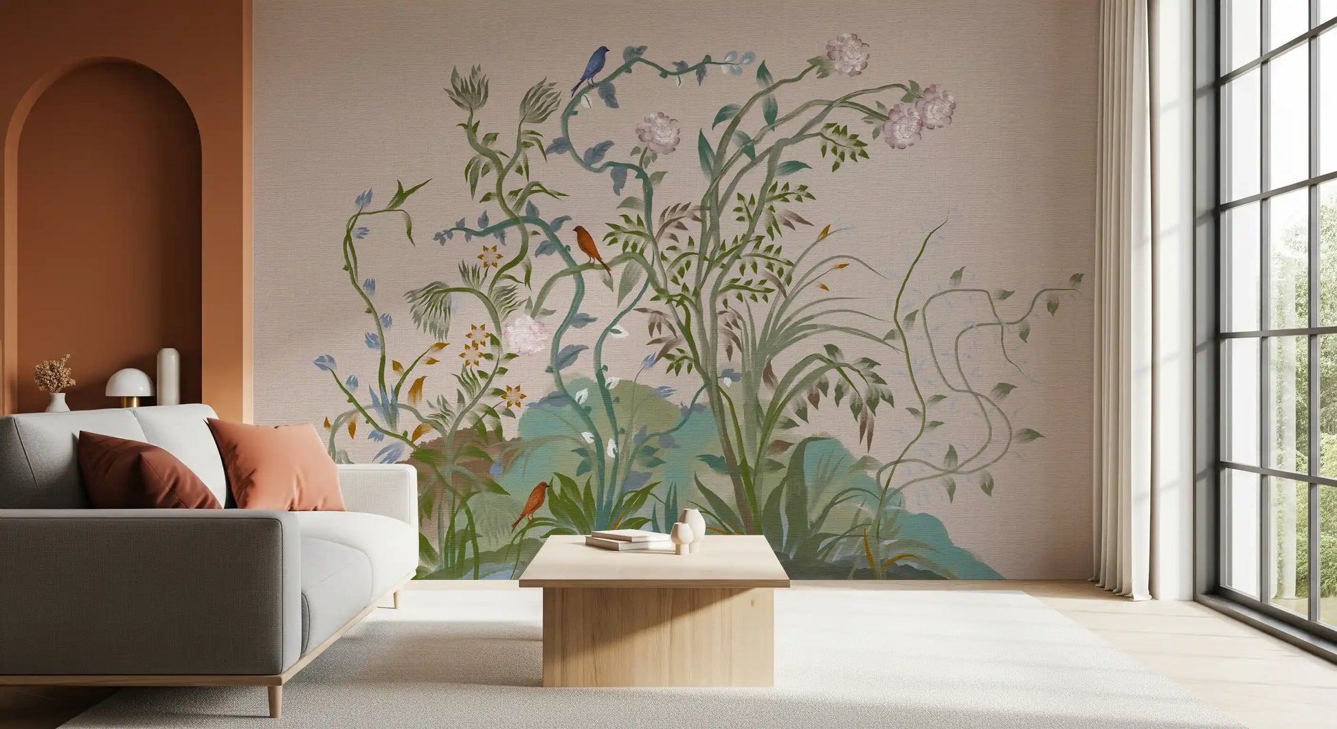 Yellow star florets and bluebell stems run low in the oriental garden wall mural