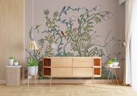 Pale botanical scene opens behind a small hallway backdrop, oriental songbird wall mural