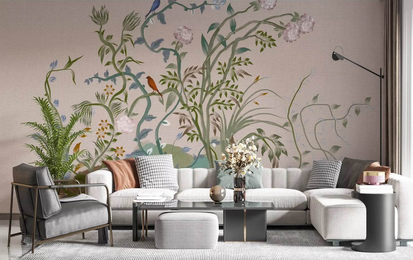 Living room held in calm blush with the oriental chinoiserie nature wall mural behind