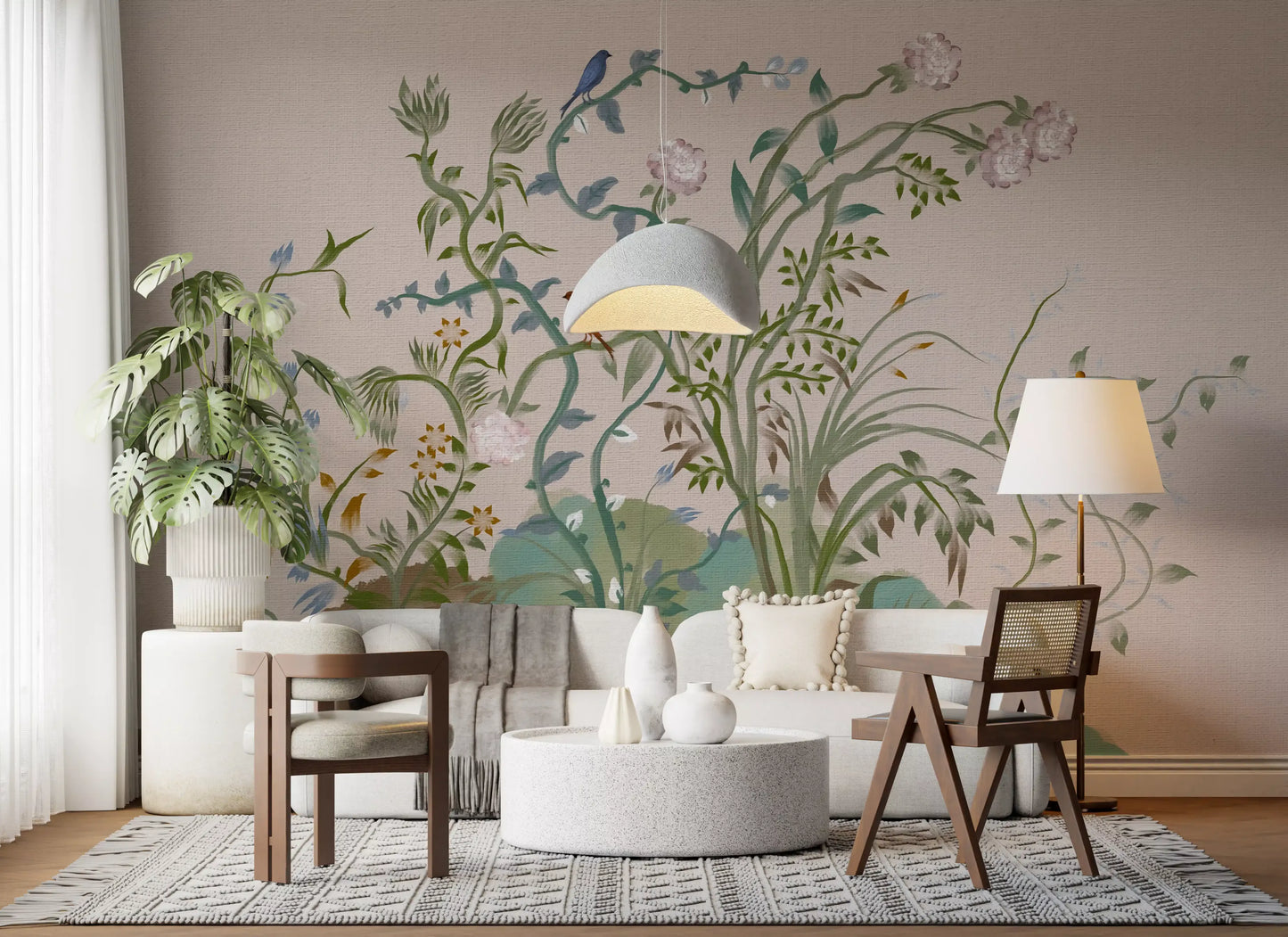Rose peony blooms open near the top of this botanical chinoiserie wall mural