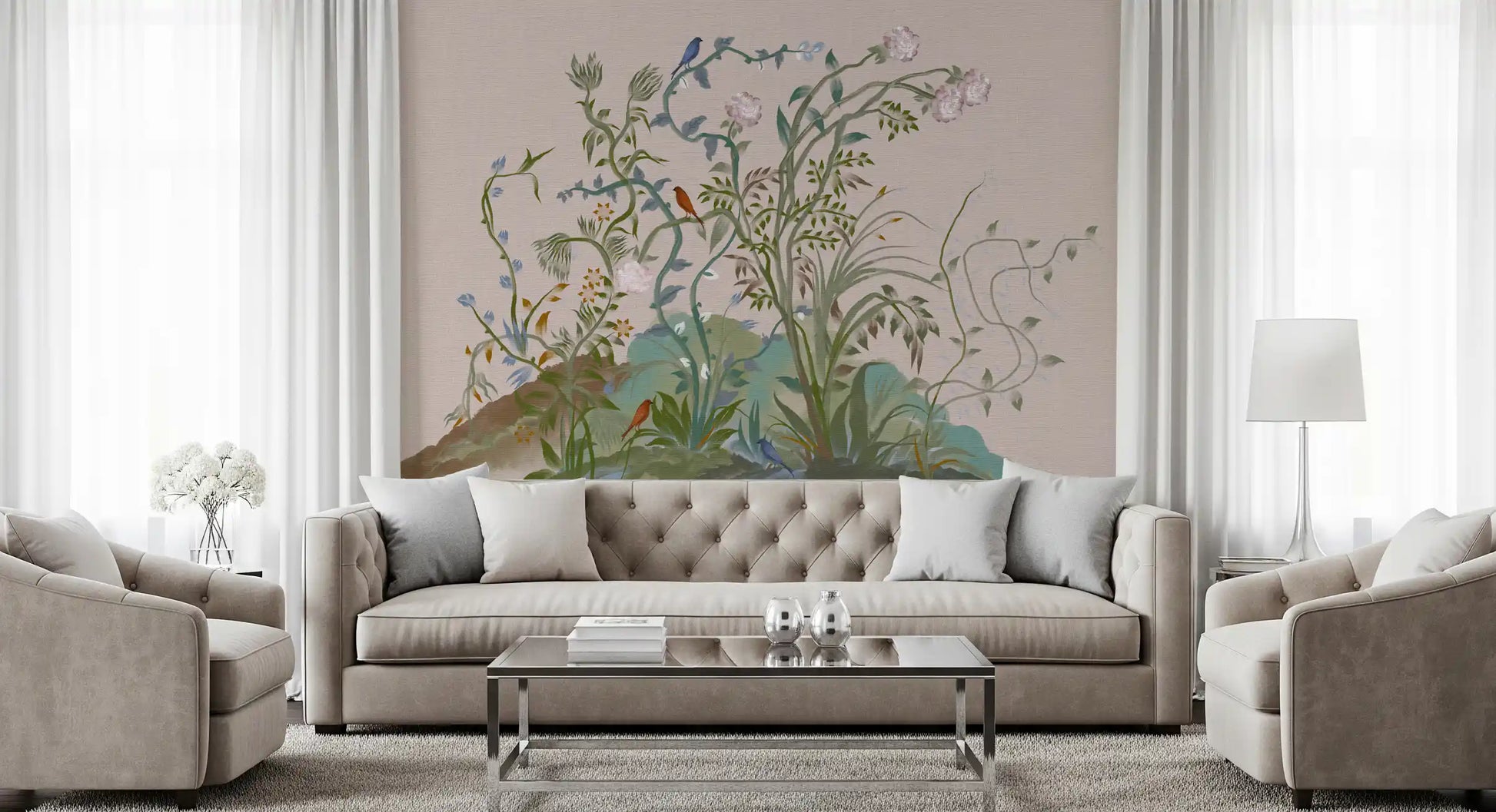 The blue bird pauses on a thin climbing vine, oriental chinoiserie nature wall mural