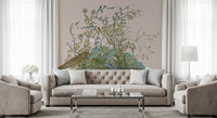 The blue bird pauses on a thin climbing vine, oriental chinoiserie nature wall mural