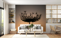Amber gradient warms the Living and dining room behind a Golden Hour Seed Head wall mural.