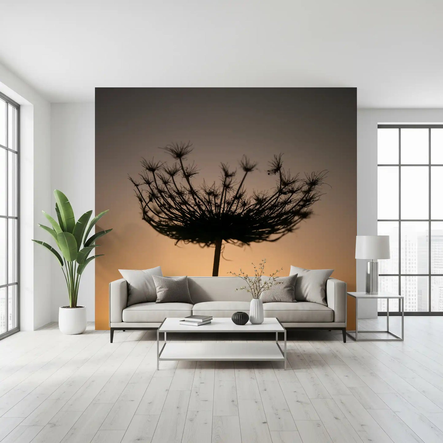 Hushed evening pull sits inside the Golden Hour Seed Head Silhouette wall mural.