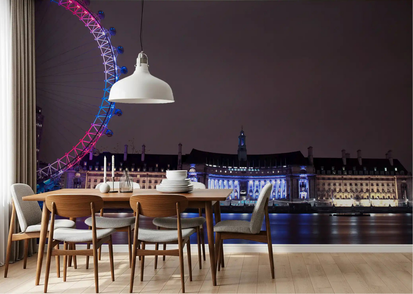 London Eye magenta arcs above the dining room with this Embankment wall mural