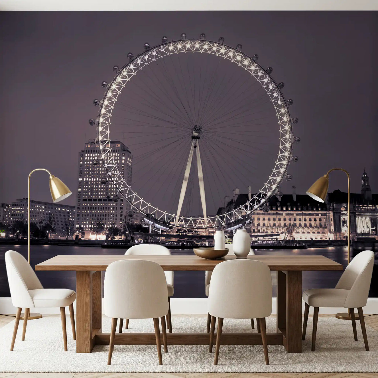Pale wheel lights from the Midnight Radiance wall mural drift over a dining room setting.